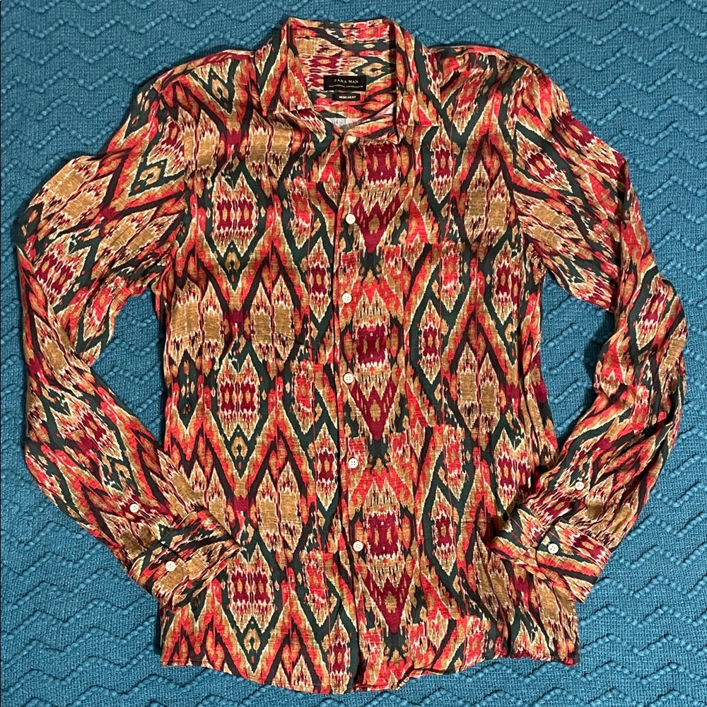 Zara Red and Green Geometric Men's Dress Shirt